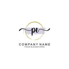PE Initial handwriting logo with circle hand drawn template vector