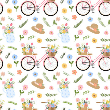 Vintage style pattern with floral bicycle, a pitcher with flowers and branches, hat. Isolated on white background. Romantic botanical garden print for textile design, cards.