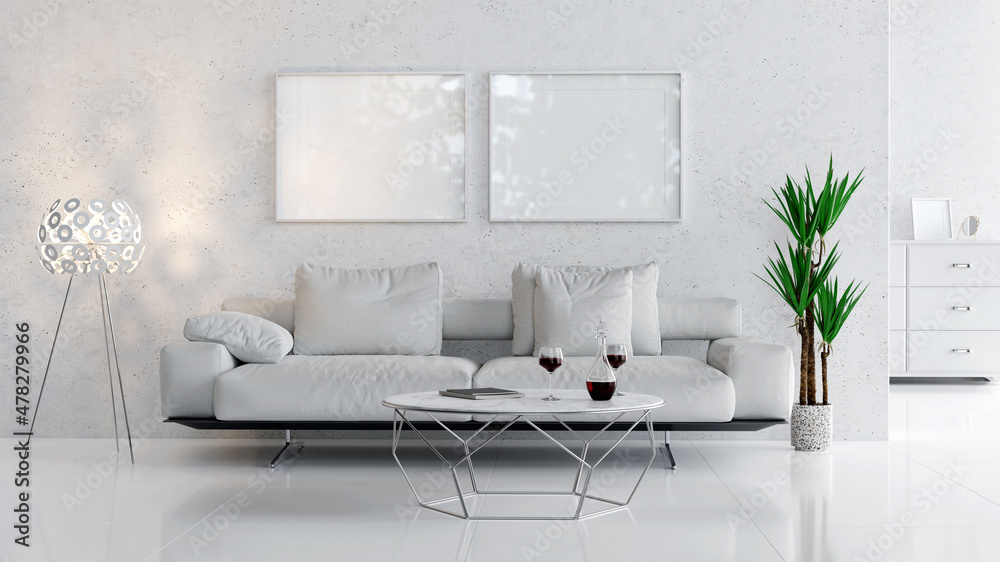 Poster white interior with pictures mock-up, sofa and white modern floor lamp. 3d render. 3d image.