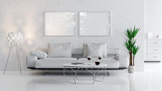 White interior with pictures mock-up, sofa and white modern floor lamp. 3D render. 3D image.
