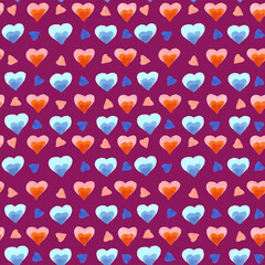 Cute seamless pattern of hearts drawn by markers on a Purple background. For fabric, sketchbook, wallpaper, wrapping paper, invitation.