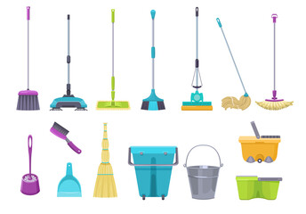 Different cleaning supplies flat vector illustrations set. Collection of household cleaning tools: brooms, brushes, mops, dustpan isolated on white background. Cleaning service, housework concept - obrazy, fototapety, plakaty
