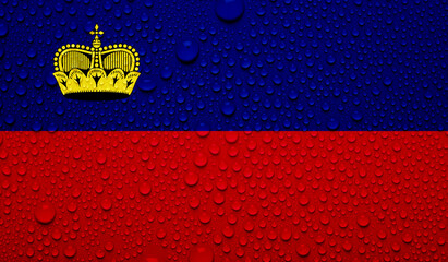 Liechtenstein flag on water texture. 3D image