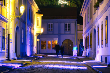 The colorful winter illumination (Christmas lights) on the streets of old Petrovaradin town in Novi Sad, Serbia
