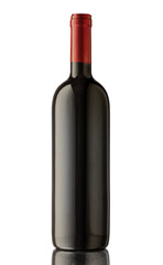 Bottle of red wine with reflection, isolated on white background.