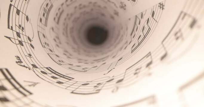 Closeup sheet music. The camera glides over the score - perspective view, close-up, musical notes around. Musical background