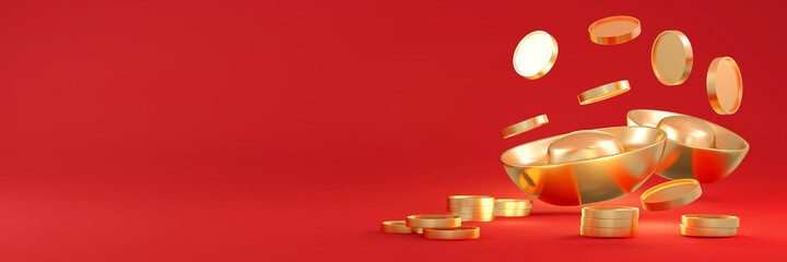 3D Rendering of Panorama scene of Chinese gold bars ingot and golden coins and copy space on red background banner. 3D Render illustration.