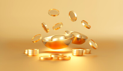 3D Rendering of Chinese gold bars ingot and golden coins on gold background. 3D Render illustration.
