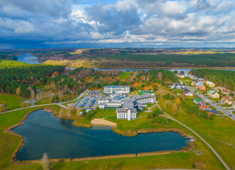 Fototapeta na wymiar Aerial panoramic view of SPA resort Birstonas city in Lithuania on Nemunas shore