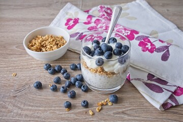 Healthy Chia seed breakfast with yoghurt, muesli and blueberries