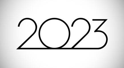 A Happy New Year 2023 congrats. X-mas decoration. Business style. Monochrome logotype concept. Abstract isolated graphic design template. Creative digits. Vector mask idea, black and white colors.