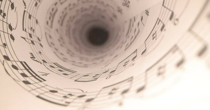 Camera slide into old yellowed music score . Musical Notes - Slider shot of musical notes.