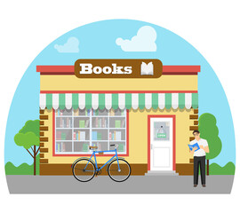 Bookstore, realistic bookstore icon on blue sky background. A man with a bicycle reads a book near the store. Vector illustration.
