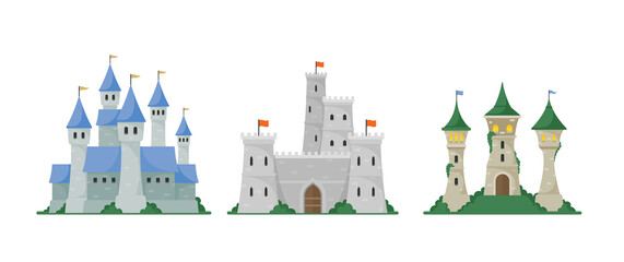 Obraz premium Set of Medieval Castle Towers. Fairytale Mansion Exterior, King Fortress or Fortified Palace with Gates, Old Buildings