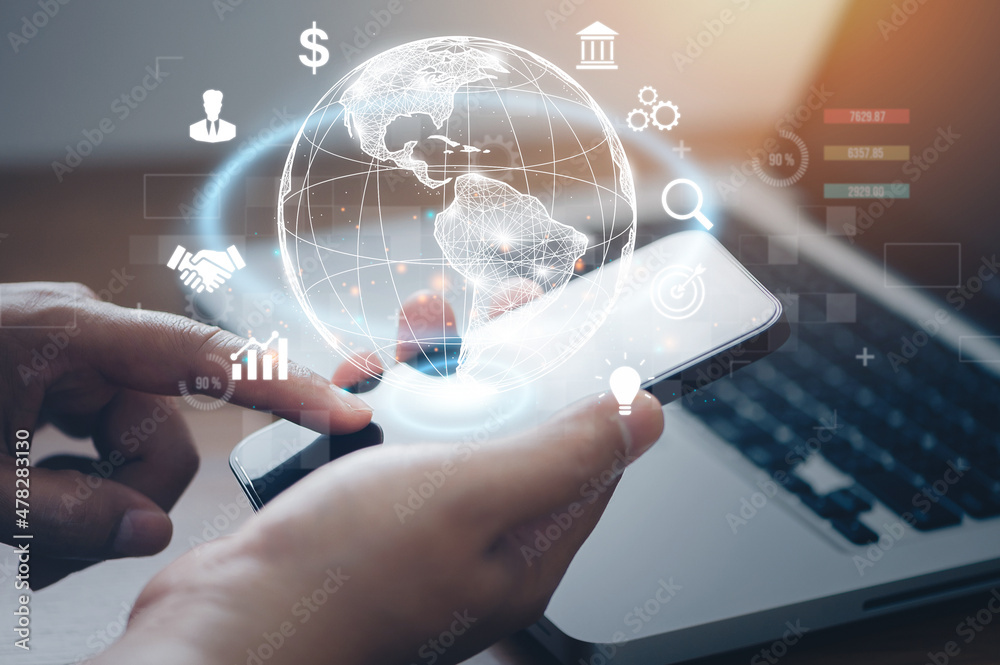 Wall mural businessman using mobile smart phone for internet connection application technology and financial an