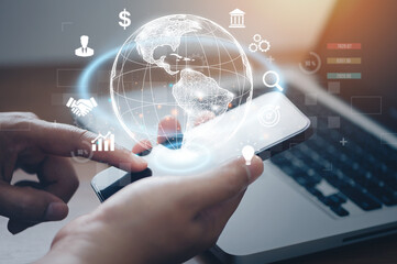 Businessman using mobile smart phone for internet connection application technology and Financial and banking, digital marketing, Digital link tech, big data.