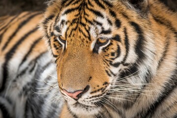Portrait of tiger lying on the ground.