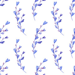 Watercolor floral seamless pattern with herbs of hearts. Lavender flowers on a white background.
