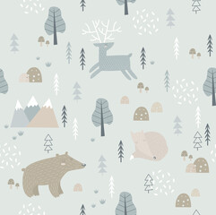 Print. Vector forest winter background with animals. Cartoon forest animals. Scandinavian background. Christmas blue background
