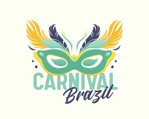Brazil Carnival Emblem with Elegant Green Mask with Feathers, Brazilian Rio Masquerade, Party or Festival Celebration