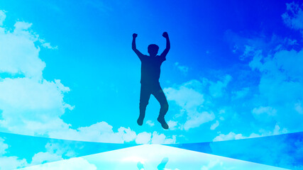 真っすぐな道で正面向きにジャンプする男性_青空背景 © smile