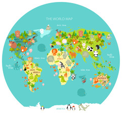 Print. Vector map of the world with cartoon animals for kids. Eurasia, South America, North America, Australia and Africa.  © olga