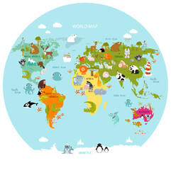 Print. Map of the world with cartoon animals for kids. Eurasia, South America, North America, Australia and Africa.  © olga
