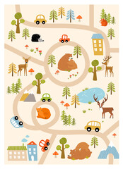 Print. Vector forest maze with animals, road, houses. Cartoon Forest Animals. Path in the forest. Game for children. Children's play mat.
- 478284103