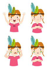 Print. Vector set of girl emotions. Cheerful cartoon girl in a pink T-shirt. Indian girl with feathers on her head
