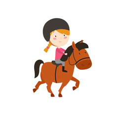 Print. The girl is engaged in horse riding. The girl rides a horse. Lesson with resistance. The child goes in for sports. Hobby