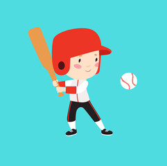Print. The boy plays baseball. The boy hits the ball with a baseball bat. Sports uniform. Team play. - 478284387