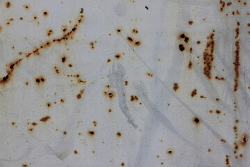 Old light blue metal wall with streaks of rust background texture