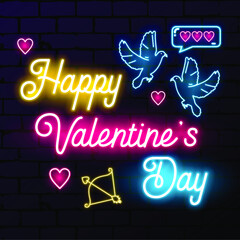 Happy Valentine's Day. Neon glowing text. 80s Retro banner template. Vector illustration. Greeting card, invitation, poster, flyer, wallpaper design.