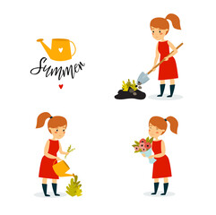 Print. Vector set with a gardener girl. A beautiful girl is planting flowers, watering flowers, collecting a bouquet. Ecology. Summer. Work in the garden. Florist. Cartoon character. Cartoon woman

