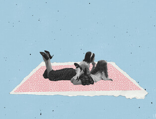 Contemporary art collage. Young woman and little girl lying on pink paper carpet isolated over blue...