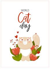 Print. Card with a cat. World Cat Day. Poster, postcard.
