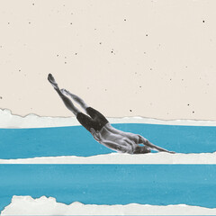 Contemporary art collage. Sportive young man diving into torn paper water isolated over pastel...