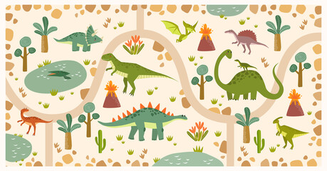 Print. Vector tropical maze with dinosaurs in a jurassic park. Cartoon dinosaurs. Road in jurassic park. Game for children. Children's play mat. tyrannosaurus, pterodactyl, brachiosaurus, tricerathorp