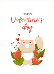 Fototapeta na wymiar Print. Happy valentine's day poster with cute cat. Cartoon cat in flowers. Postcard, poster, invitation.