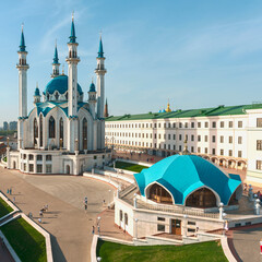 Majestic white stone minarets of the Kul Sharif mosque in the Kazan Kremlin, Tatarstan, Russia