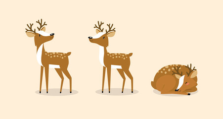 Print. Set of cartoon deer. The deer is sleeping, the deer is standing. Fawns.