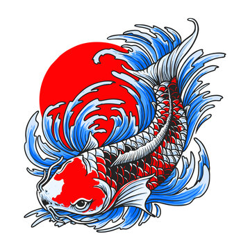 Koi Fish Red moon vector illustration tatto design
