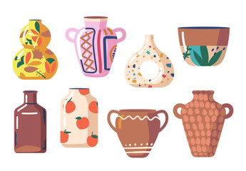 Set of Ceramic Vases, Colored Ceramics Objects, Antique and Modern Pottery Cups Collection with Abstract Patterns