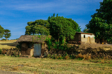 Obraz premium Breathtaking View to the Traditional African Houses, Green Trees and Mountains under Cloudy Blue Sky of the Omo River Valley, Ethiopia