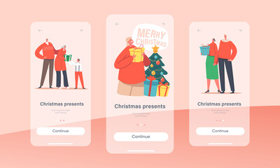 Christmas Presents Mobile App Page Onboard Screen Template. Happy Family Parents, Grandparents and Kids Celebrate Eve
