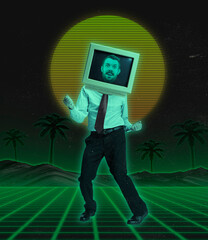 Contemporary atr collage. Man in official suit with retro computer instead head dancing isolated...