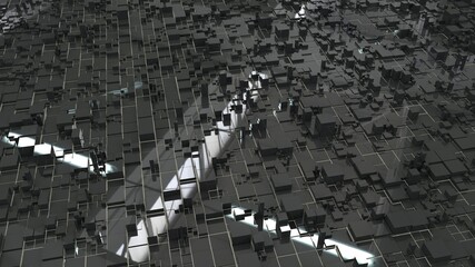 A futuristic city under the bright sun. Beautiful abstraction with lots of gray rectangular elements and sunshine. 3D image.

