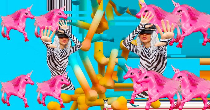 Looped 4k animation. 2d, 3d Crazy chaos mix of fashion objects and characters. Ideal creative modern clip for music background .