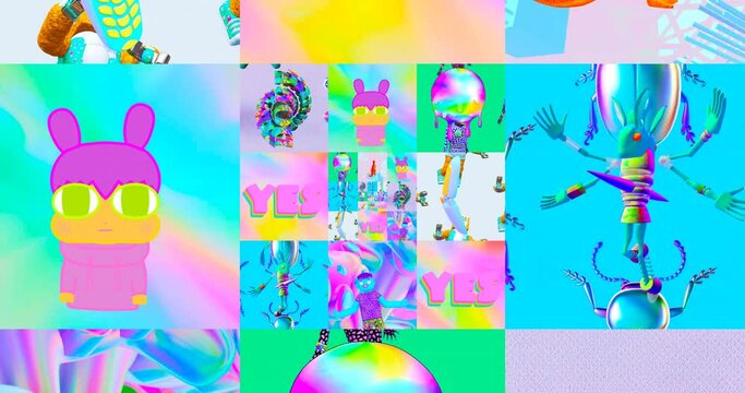 Looped 4k animation. 2d, 3d Crazy chaos mix of fashion objects and characters. Ideal creative modern clip for music background .