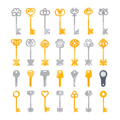 Set of Door Keys Isolated on White Background, Silver, Golden, Magnetic, Modern and Classic Retro Keys. Magic Fairy Tale